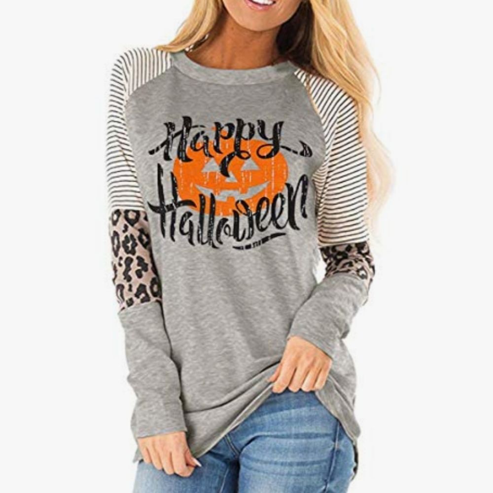Women's Gray and Orange Happy Halloween Long Sleeve T-Shirt - NWOT
